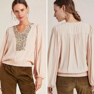 Anthropologie Maeve Kristie Sequined Peasant Blouse Top Boho Luxe Resort-wear XS